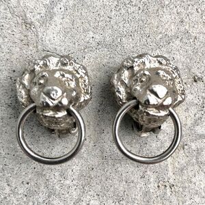 Kenneth Jay Lane KJL Vintage Clip On Earrings Lion Head Doorknockers Silver-tone